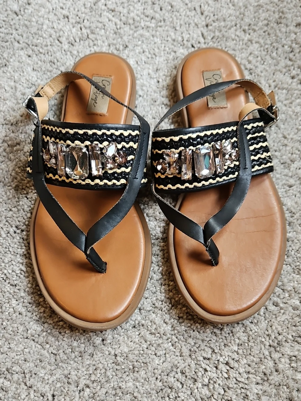 Crown Vintage Black and Tan Jeweled Thong Sandals